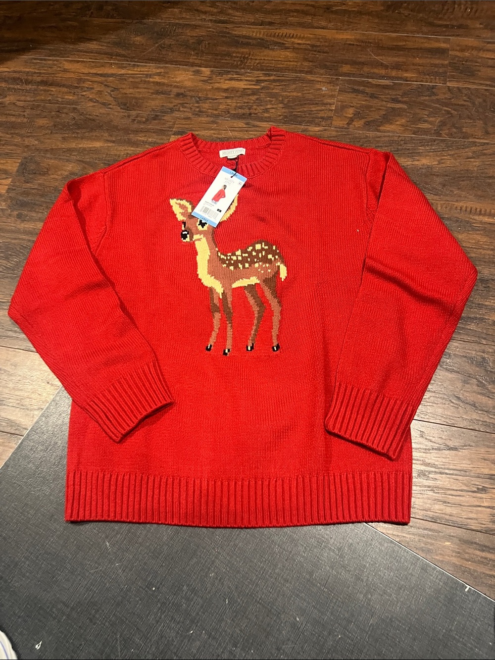Mighty Fine Red Crewneck Sweater with Deer Intarsia